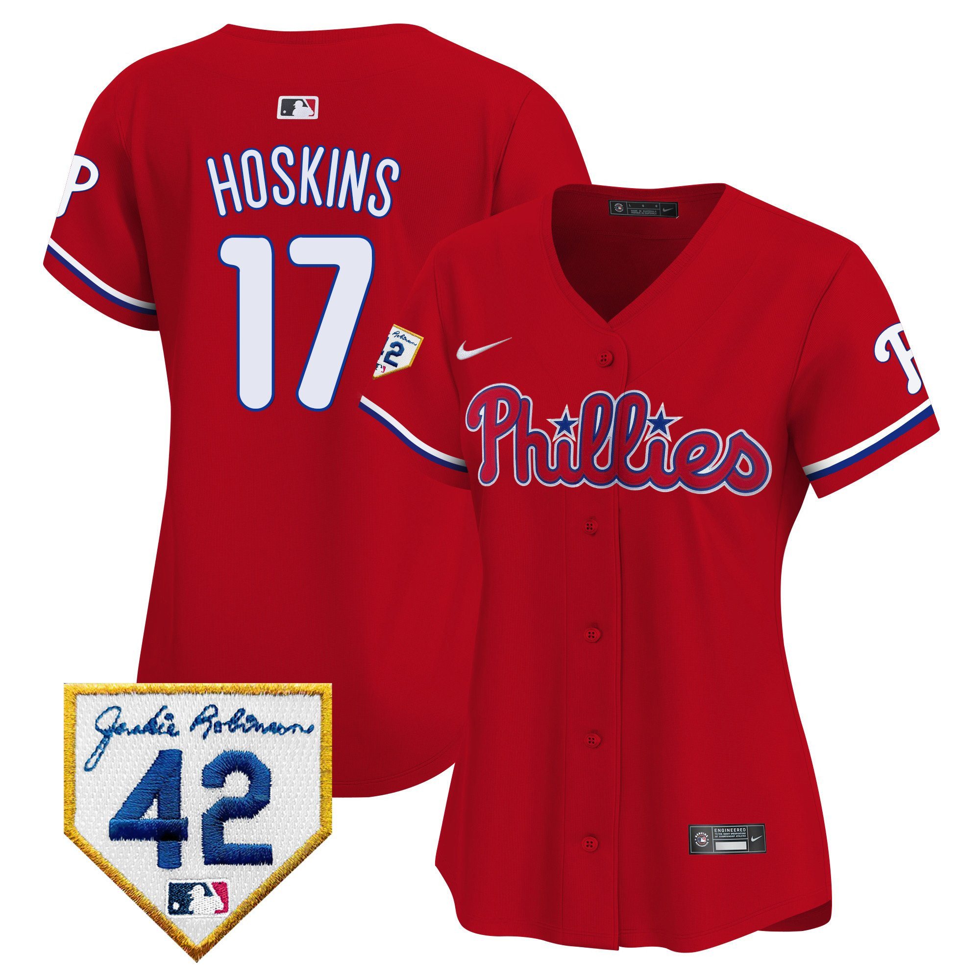 Rhys Hoskins 17 Philadelphia Phillies 2024 Jackie Robinson Patch Women Jersey - Red