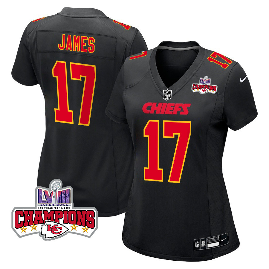Richie James 17 Kansas City Chiefs Super Bowl Lviii Champions 4 Stars Patch Fashion Game Women Jersey - Carbon Black Js4820