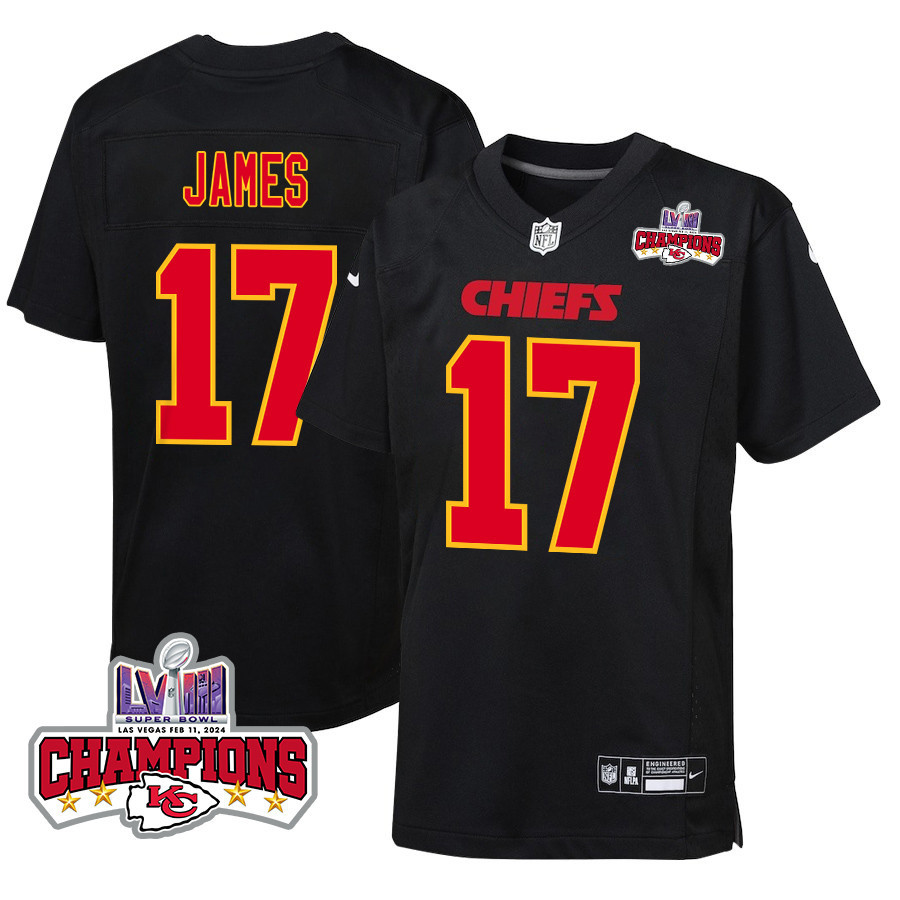 Richie James 17 Kansas City Chiefs Super Bowl Lviii Champions 4 Stars Patch Fashion Game Youth Jersey - Carbon Black Js2666