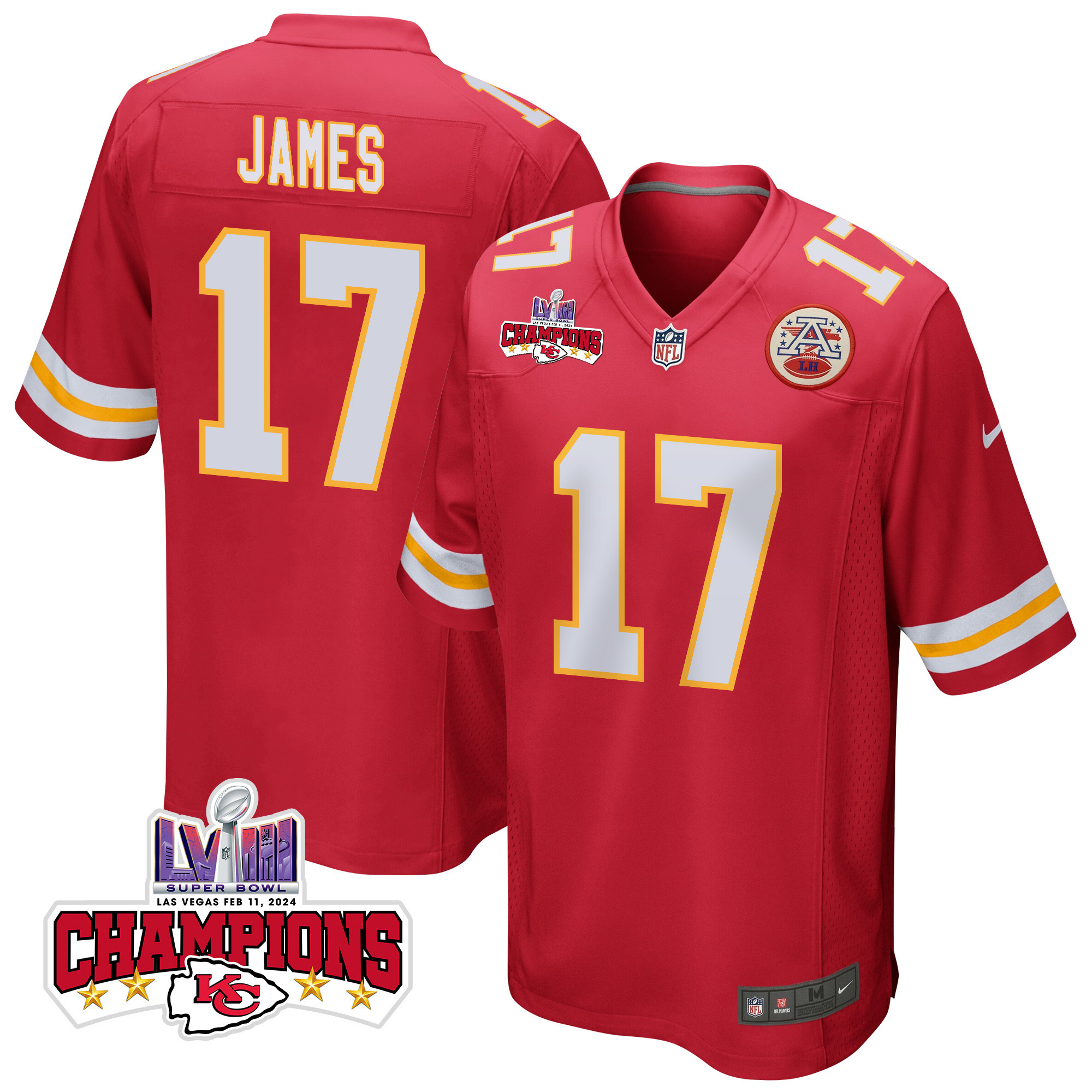 Richie James 17 Kansas City Chiefs Super Bowl Lviii Champions 4 Stars Patch Game Men Jersey - Red Js9977