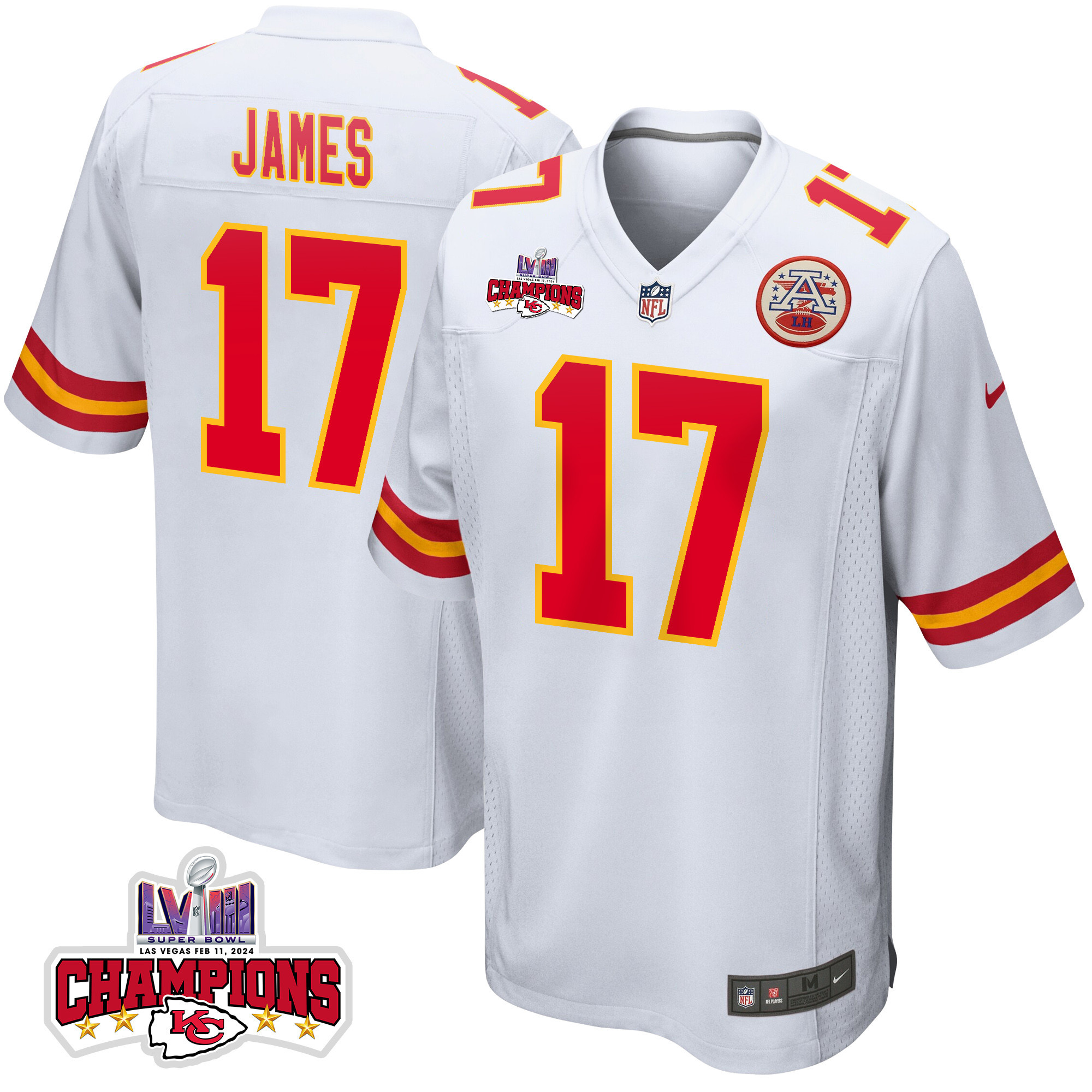 Richie James 17 Kansas City Chiefs Super Bowl Lviii Champions 4 Stars Patch Game Men Jersey - White Js6934
