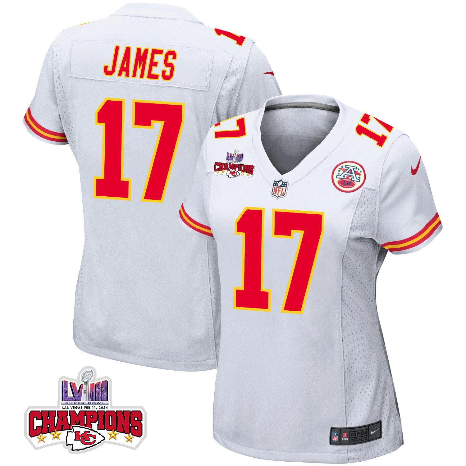 Richie James 17 Kansas City Chiefs Super Bowl Lviii Champions 4 Stars Patch Game Women Jersey - White Js7285