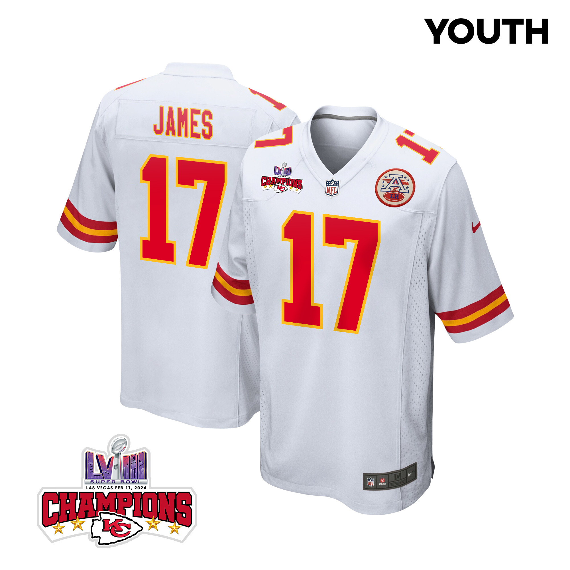 Richie James 17 Kansas City Chiefs Super Bowl Lviii Champions 4 Stars Patch Game Youth Jersey - White Js5277