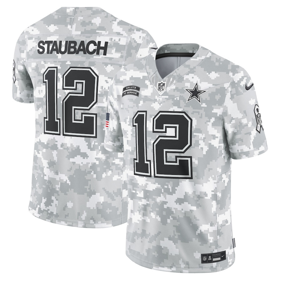Roger Staubach 12 Dallas Cowboys 2024 Salute To Service Retired Player Limited Men Jersey - Arctic Camo Js8057
