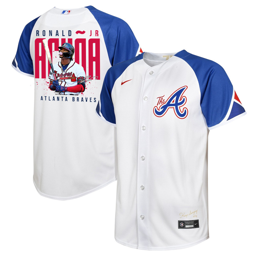 Ronald Acu?a Jr. 13 Atlanta Braves Signed Gum 2023 City Connect Player Youth Jersey - White Blue