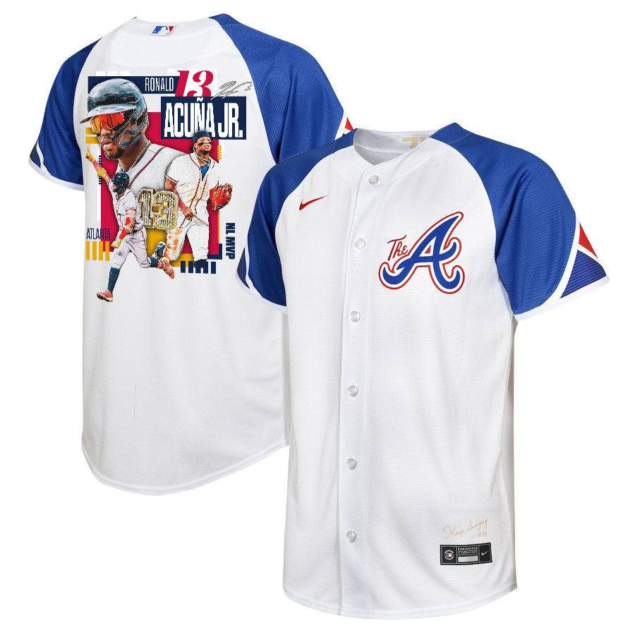 Ronald Acu?a Jr. 13 Atlanta Braves Signed Mvp 2023 City Connect Player Youth Jersey - White Blue