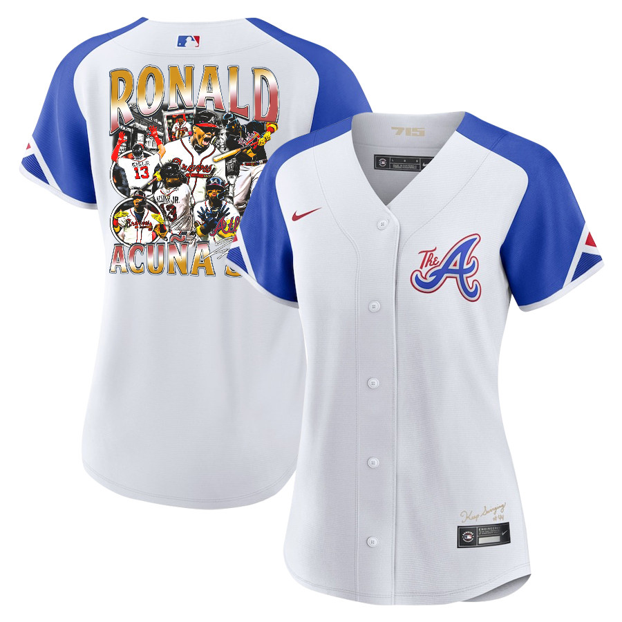Ronald Acu?a Jr. 13 Atlanta Braves Signed Posture 2023 City Connect Player Women Jersey - White Blue