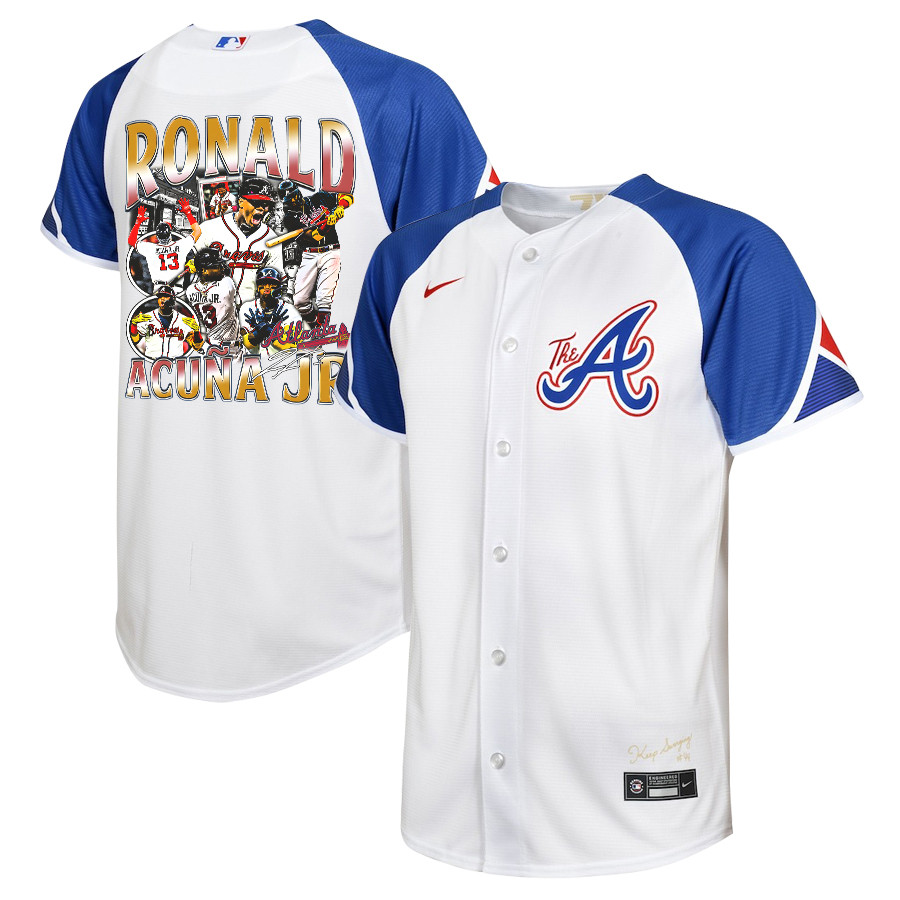 Ronald Acu?a Jr. 13 Atlanta Braves Signed Posture 2023 City Connect Player Youth Jersey - White Blue
