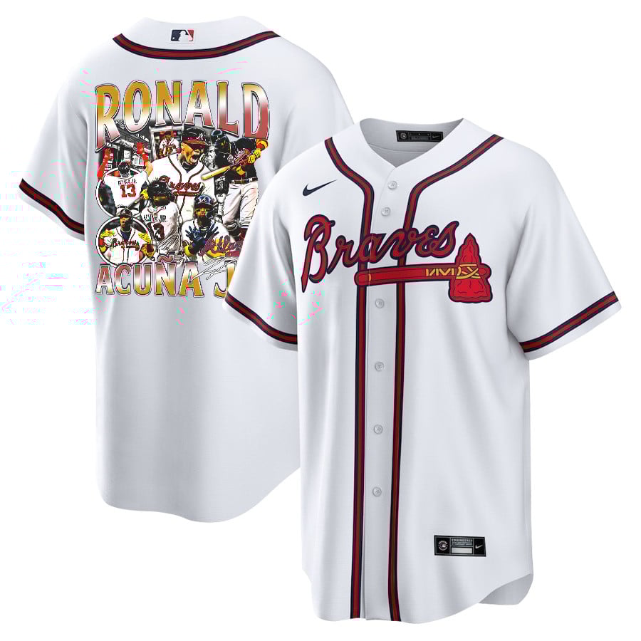 Ronald Acu?a Jr. 13 Atlanta Braves Signed Posture 2023 Home Player Men Jersey - White Red