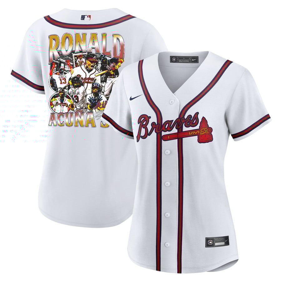 Ronald Acu?a Jr. 13 Atlanta Braves Signed Posture 2023 Home Player Women Jersey - White Red
