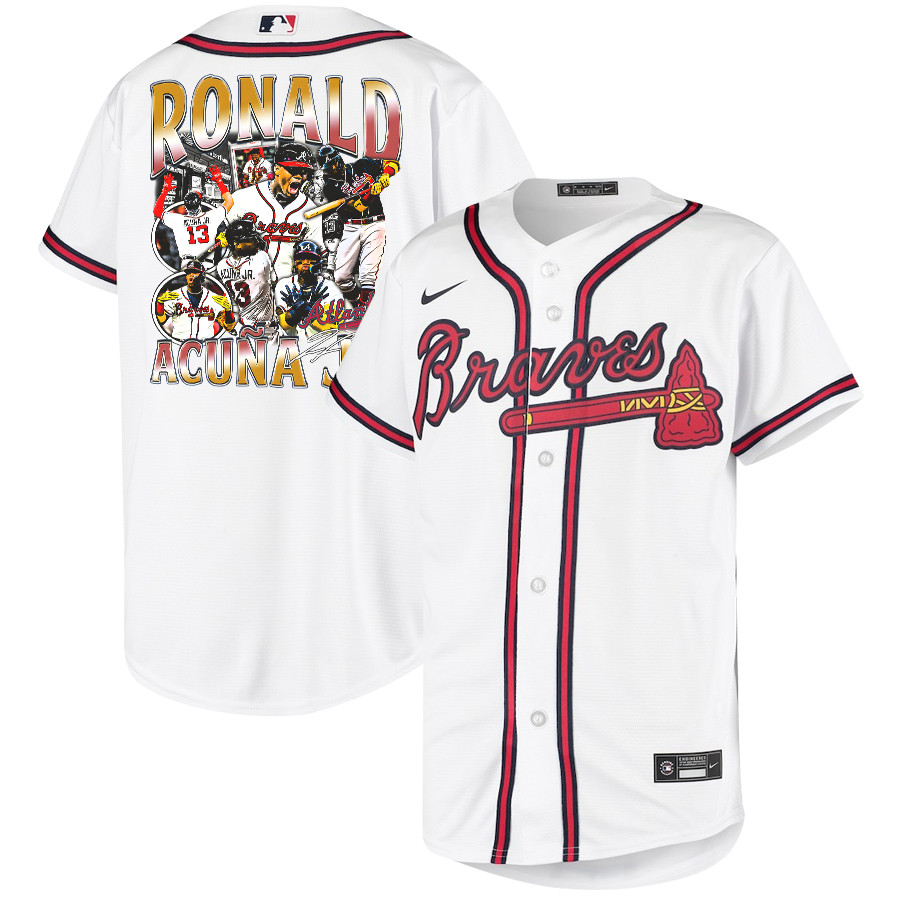 Ronald Acu?a Jr. 13 Atlanta Braves Signed Posture 2023 Home Player Youth Jersey - White Red