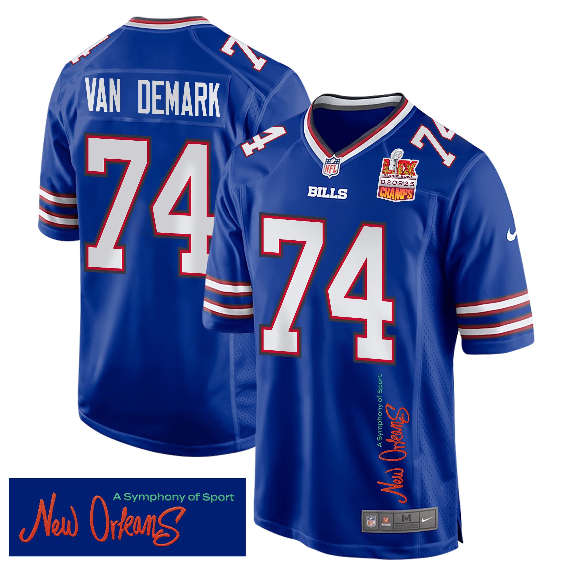 Ryan Van Demark 74 Buffalo Bills Super Bowl Lix Champions Patch 'new Orleans - A Symphony Of Sport' Embroidered Game Men Jersey - Royal Js5152