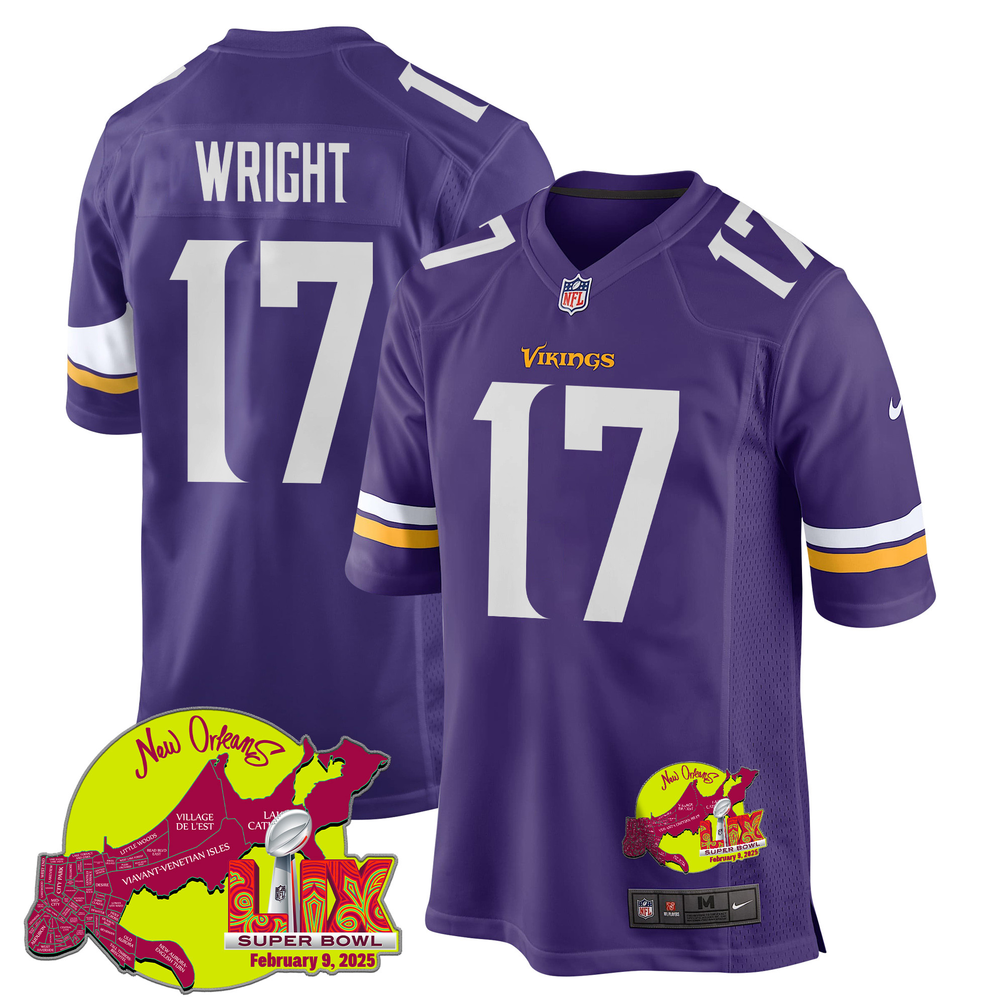 Ryan Wright 17 Minnesota Vikings Super Bowl Lix New Orleans Patch Game Men Jersey - Purple Js3671