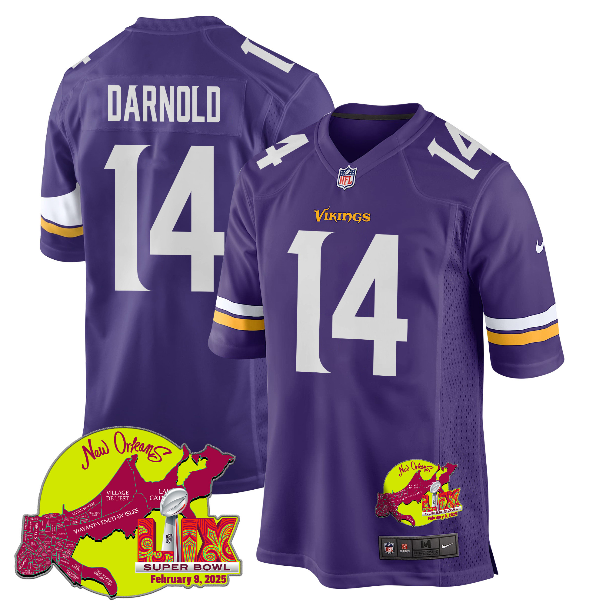 Sam Darnold 14 Minnesota Vikings Super Bowl Lix New Orleans Patch Game Men Jersey - Purple Js6445