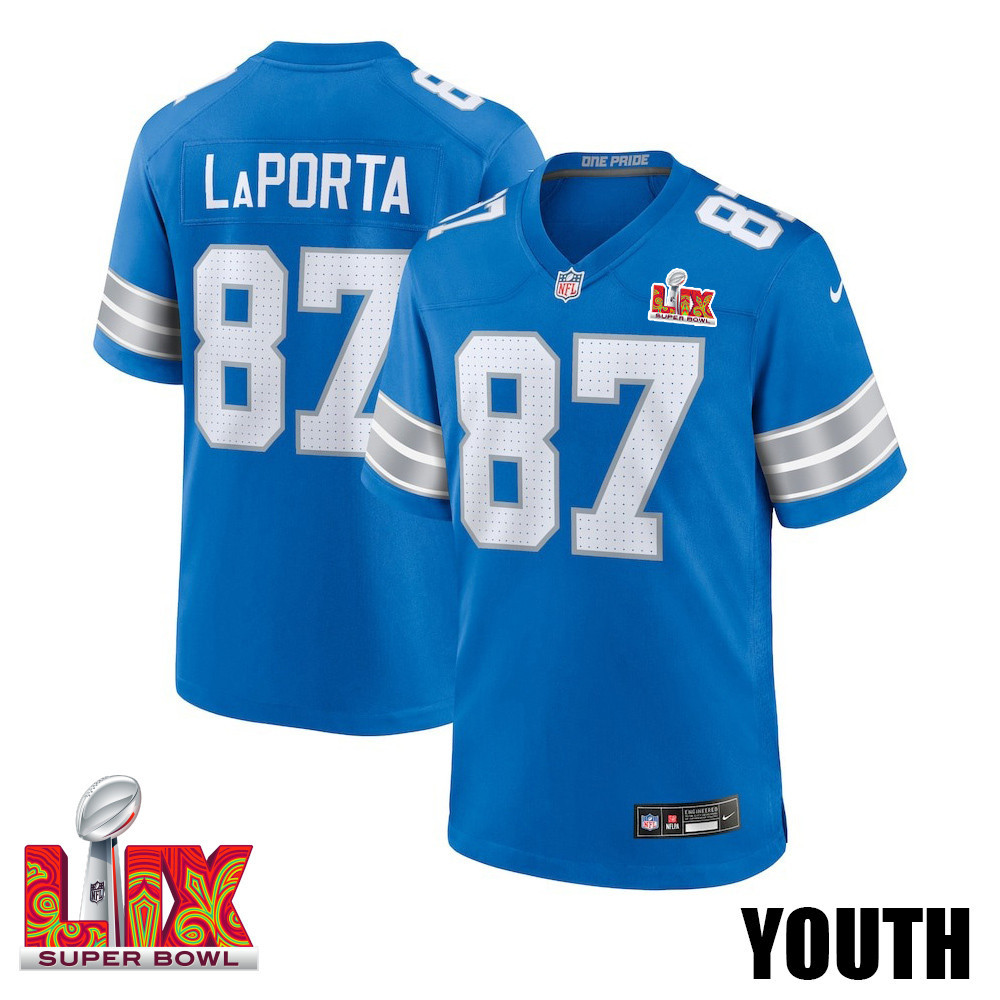 Sam Laporta #87 Detroit Lions Super Bowl Lix Youth Jersey - Blue Js3264