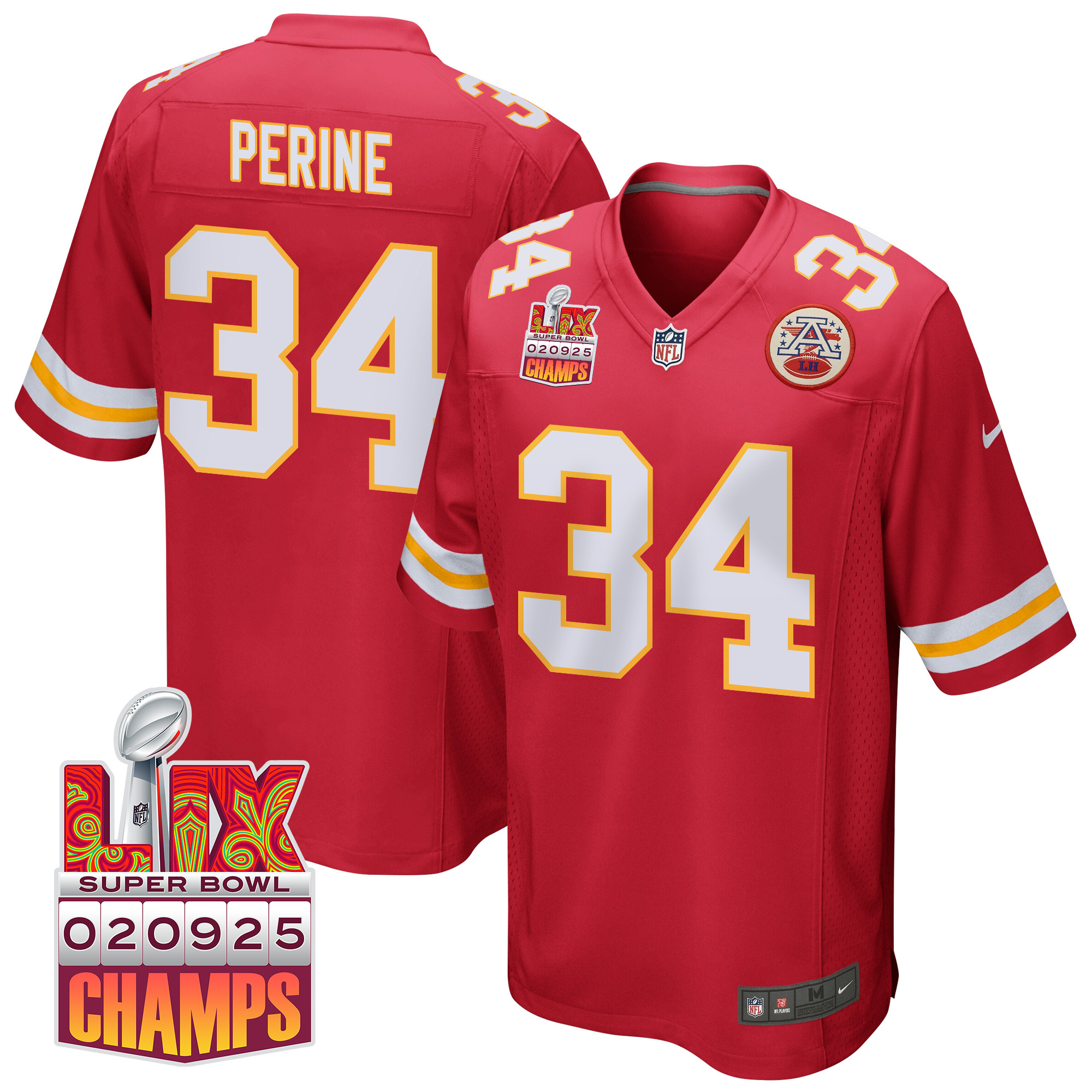 Samaje Perine 34 Kansas City Chiefs Super Bowl Lix Champions Patch Game Men Jersey - Red Js3478