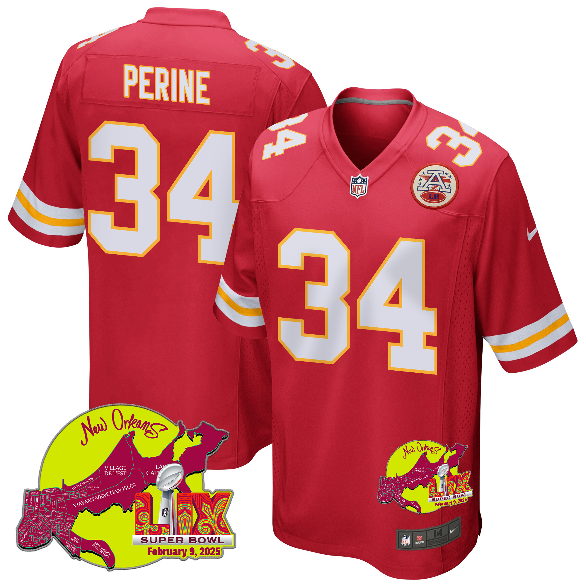 Samaje Perine 34 Kansas City Chiefs Super Bowl Lix New Orleans Patch Game Men Jersey - Red Js5158