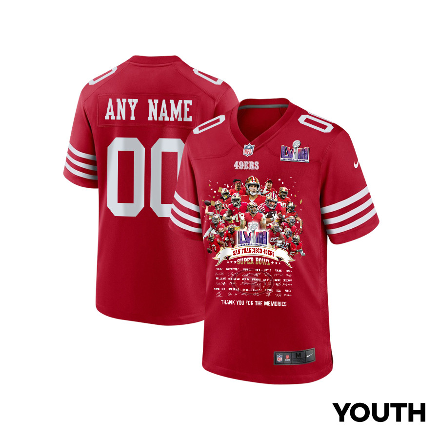 San Francisco 49ers Super Bowl Lviii Thanks For Memories Game Custom Youth Jersey - Scarlet Js6576