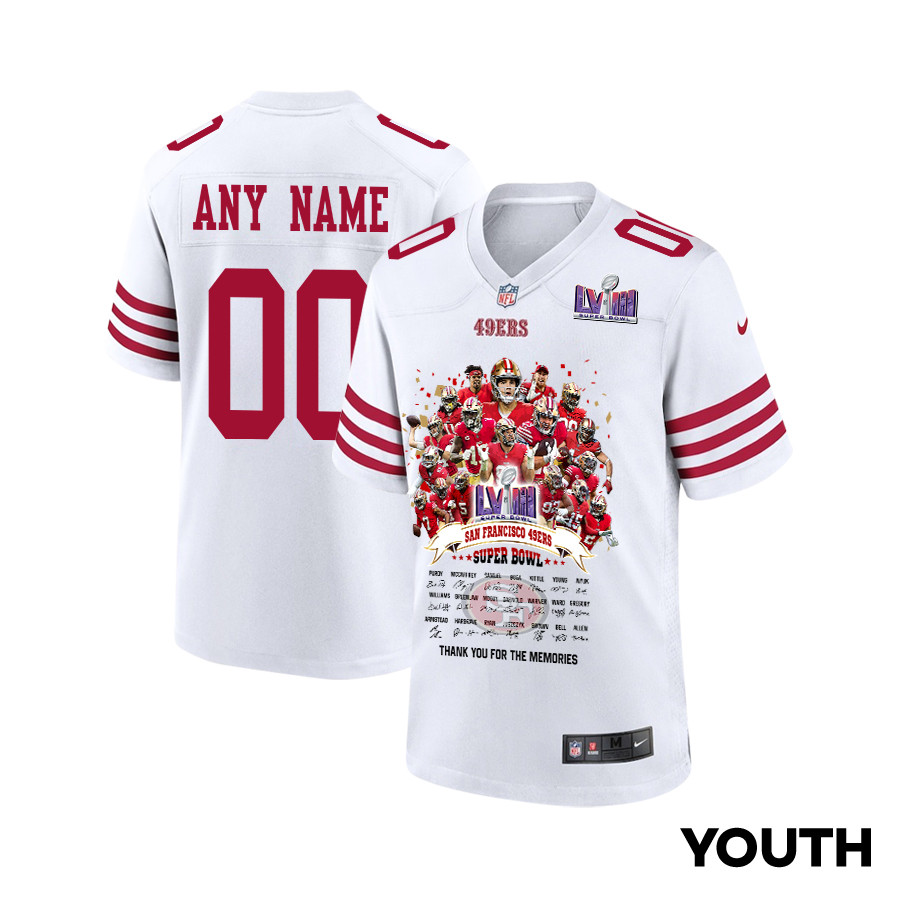 San Francisco 49ers Super Bowl Lviii Thanks For Memories Game Custom Youth Jersey - White Js9519