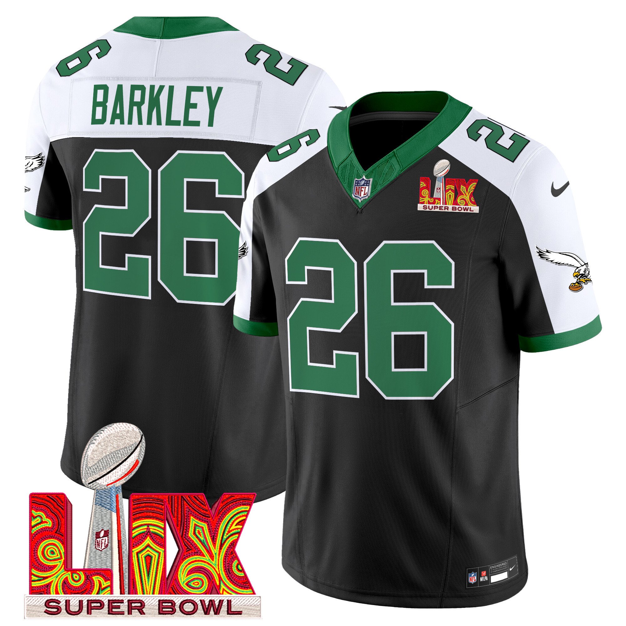 Saquon Barkley 26 Philadelphia Eagles Kelly Green Super Bowl Champions Lix Patch Vapor Limited Jersey - Black Alternate Js3723