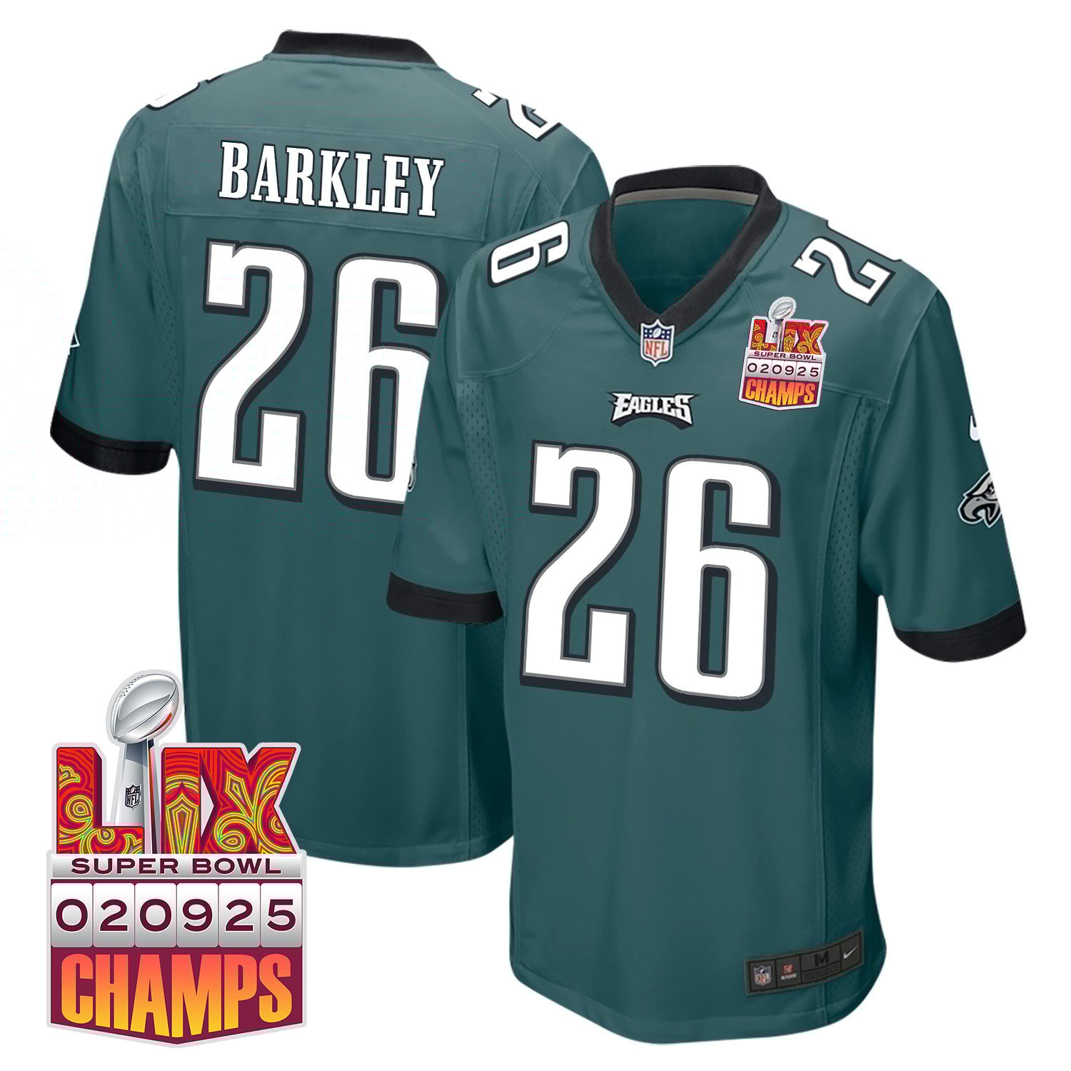 Saquon Barkley 26 Philadelphia Eagles Super Bowl Lix Champions Patch Game Men Jersey - Midnight Green Js2559