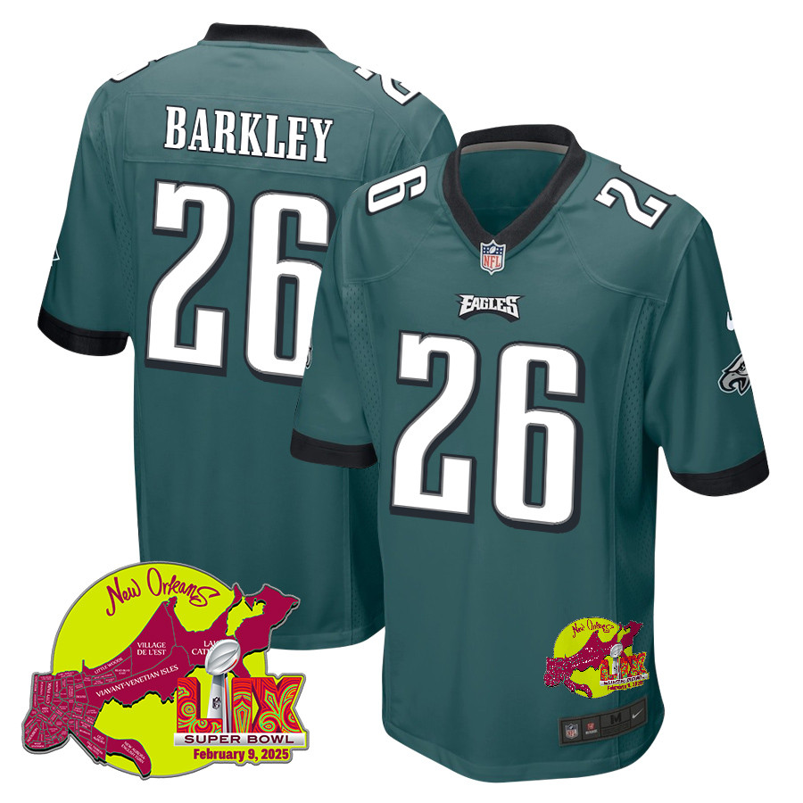 Saquon Barkley 26 Philadelphia Eagles Super Bowl Lix New Orleans Patch Game Men Jersey - Midnight Green Js4243