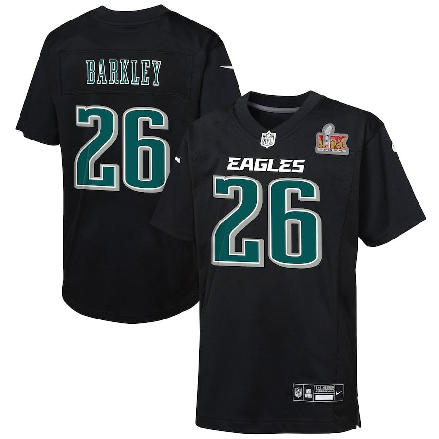Saquon Barkley 26 Philadelphia Eagles Youth Super Bowl Lix Patch Fashion Game Player Jersey - Carbon Black Js5277