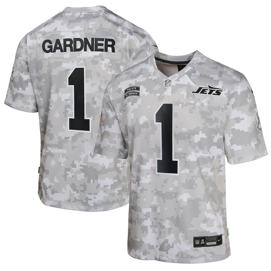 Sauce Gardner 1 New York Jets 2024 Salute To Service Game Youth Jersey - Arctic Camo Js9753