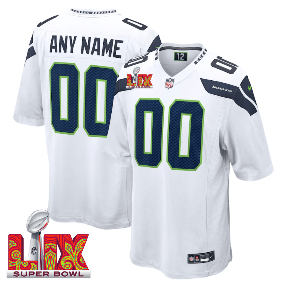 Seattle Seahawks Super Bowl Lix Patch Game Men Custom Jersey - White Js4449