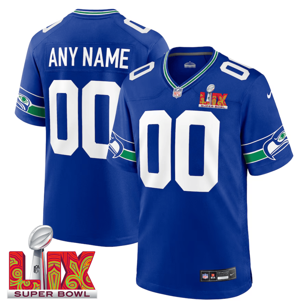 Seattle Seahawks Super Bowl Lix Patch Throwback Game Men Custom Jersey - Royal Js8485