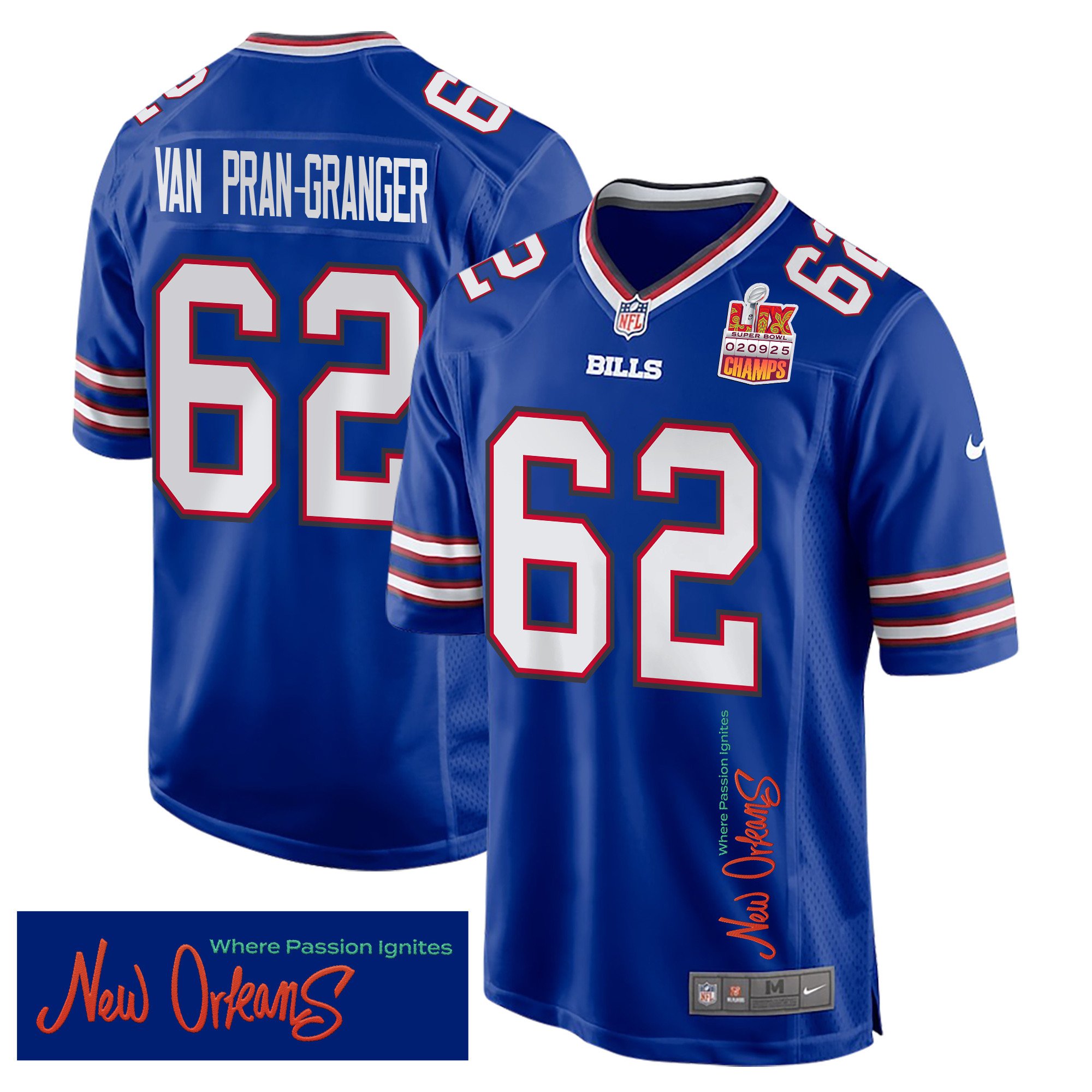 Sedrick Van Pran-granger 62 Buffalo Bills Super Bowl Lix Champions Patch 'new Orleans - Where Passion Ignites' Embroidered Game Men Jersey - Royal Js9141