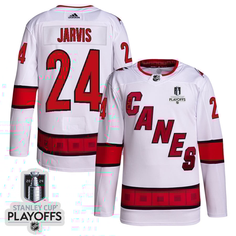 Seth Jarvis 24 Carolina Hurricanes 2024 Nhl Playoffs Patch Away Jersey - Men, White