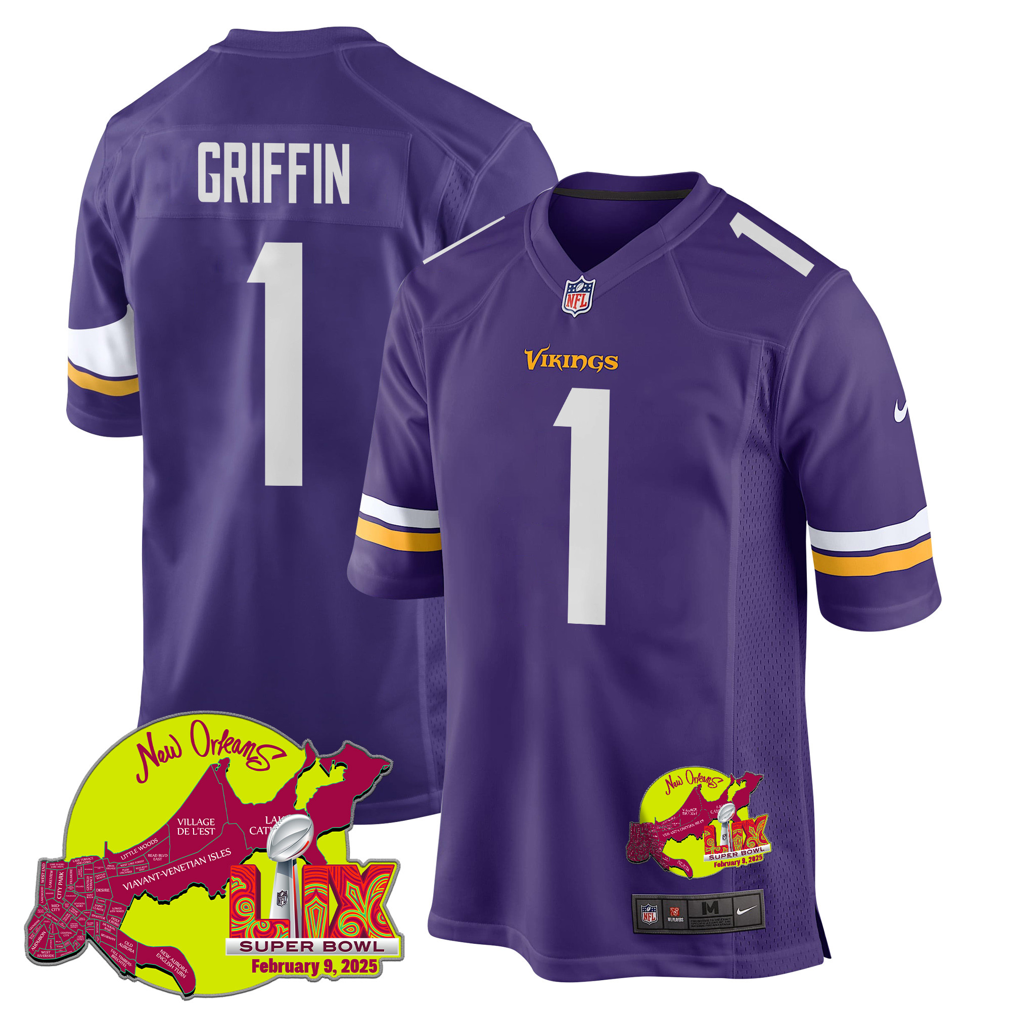 Shaq Griffin 1 Minnesota Vikings Super Bowl Lix New Orleans Patch Game Men Jersey - Purple Js9950