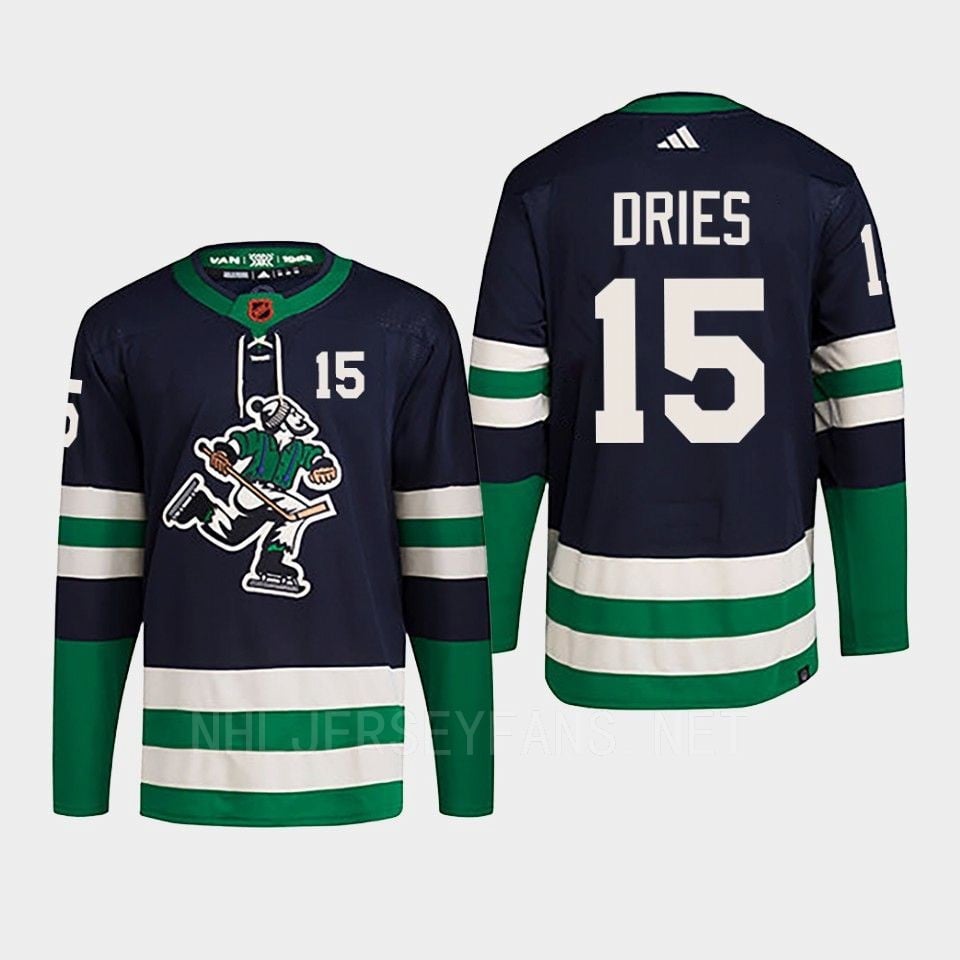 Sheldon Dries 15 Reverse Retro 2.0 2022 Vancouver Canucks Navy Jersey Primegreen