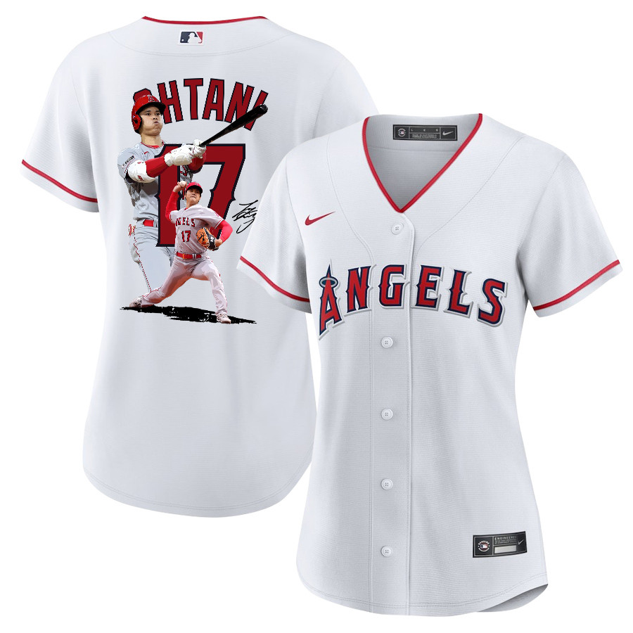 Shohei Ohtani 17 Los Angeles Angels Signed Decisive Blow 2023 Home Women Jersey - White