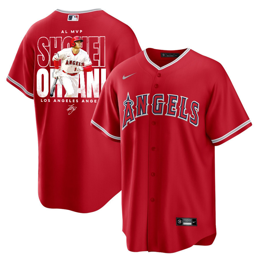 Shohei Ohtani 17 Los Angeles Angels Signed Name 2023 Alternate Player Men Jersey - Red