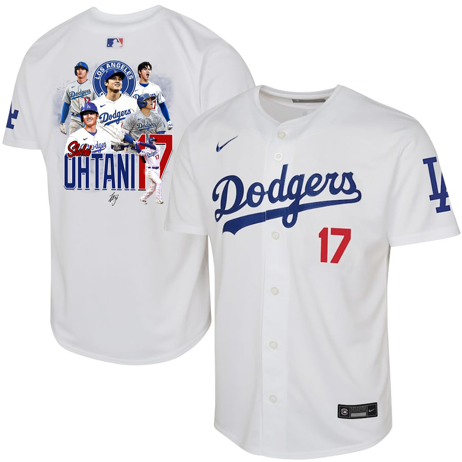 Shohei Ohtani 17 Los Angeles Dodgers Signed Collage Arts Youth Home Jersey - White
