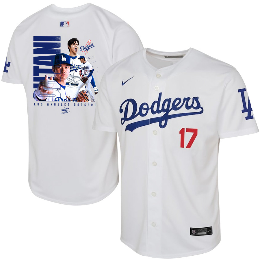 Shohei Ohtani 17 Los Angeles Dodgers Signed Name 2023 Youth Home Jersey - White
