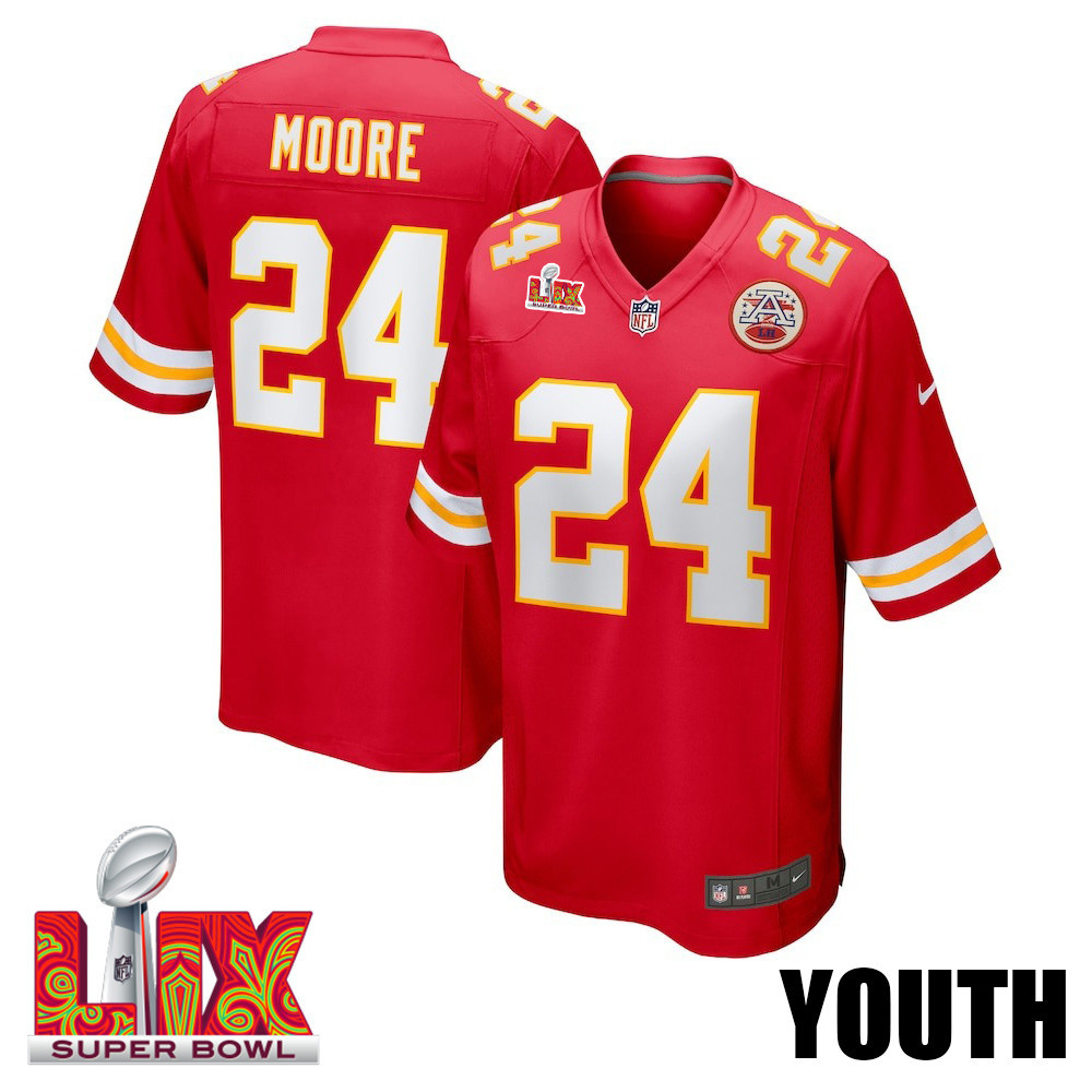 Skyy Moore #24 Kansas City Chiefs Super Bowl Lix Youth Jersey - Red Js4038