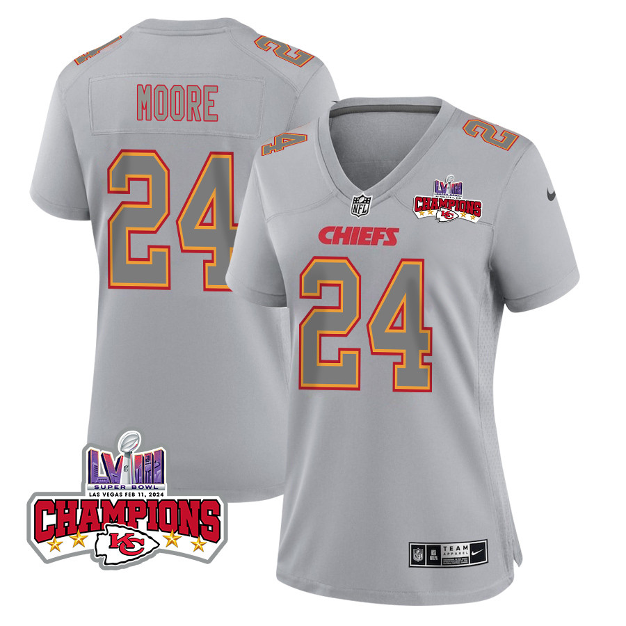 Skyy Moore 24 Kansas City Chiefs Super Bowl Lviii Champions 4 Stars Patch Atmosphere Fashion Game Women Jersey - Gray Js9972
