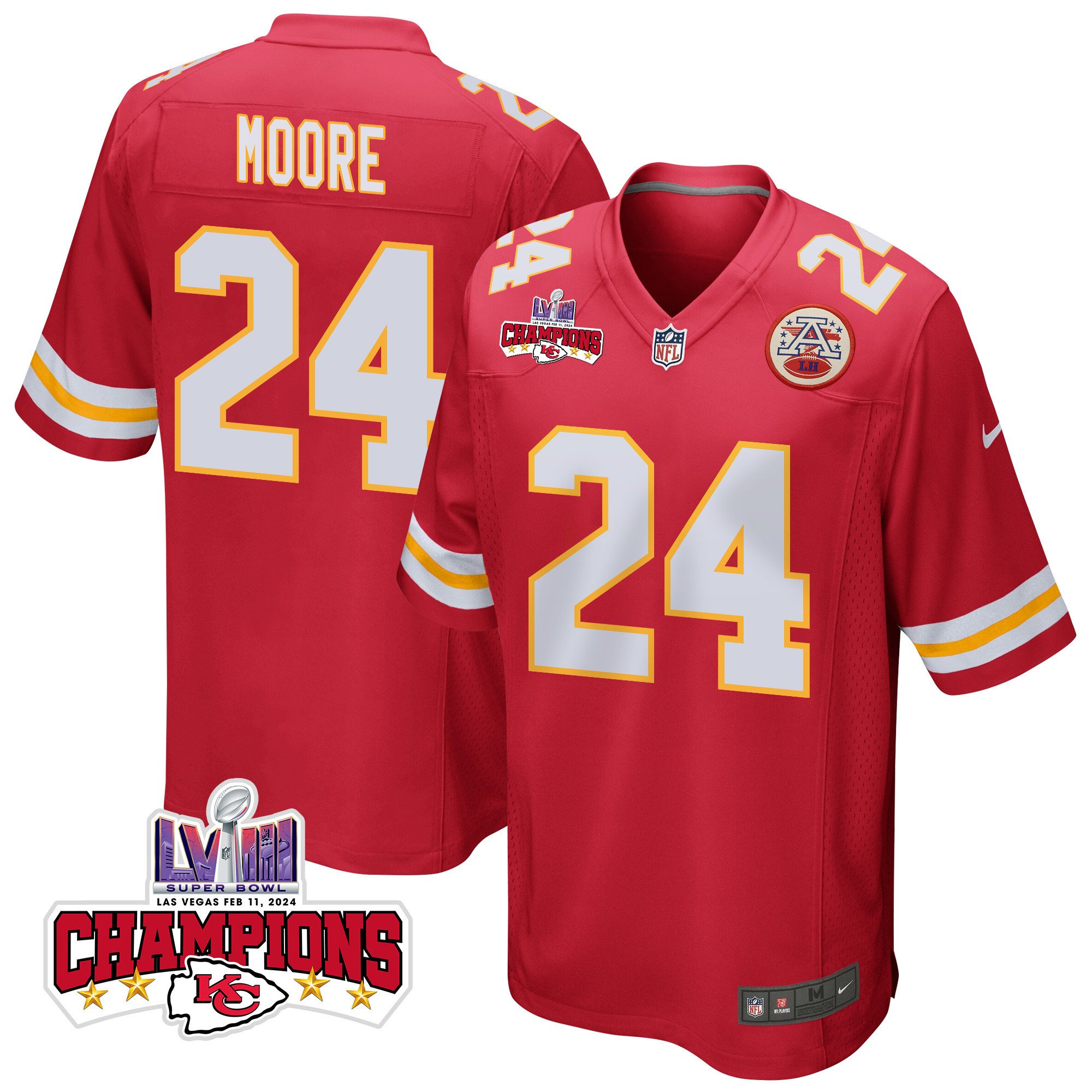Skyy Moore 24 Kansas City Chiefs Super Bowl Lviii Champions 4 Stars Patch Game Men Jersey - Red Js5686