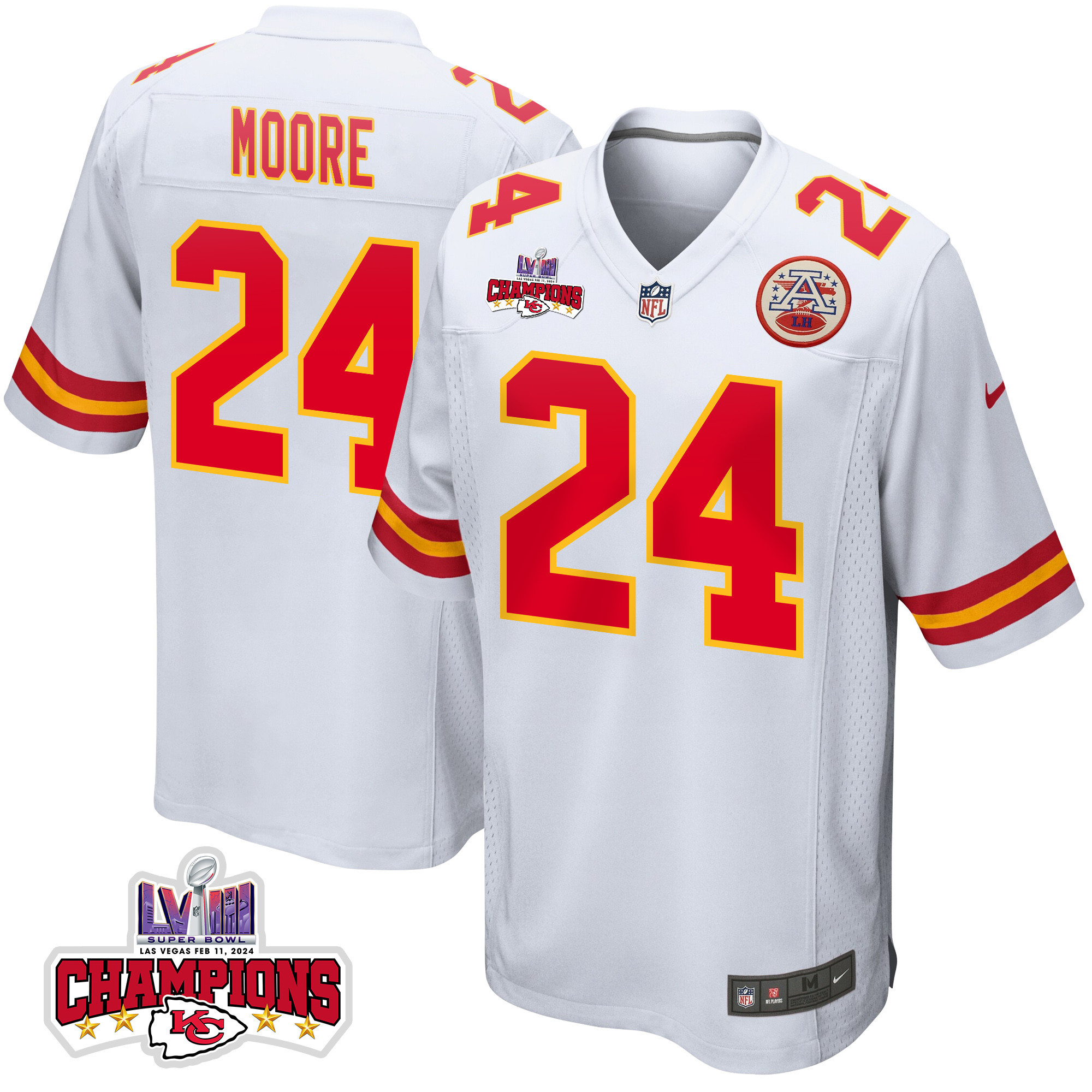 Skyy Moore 24 Kansas City Chiefs Super Bowl Lviii Champions 4 Stars Patch Game Men Jersey - White Js8702