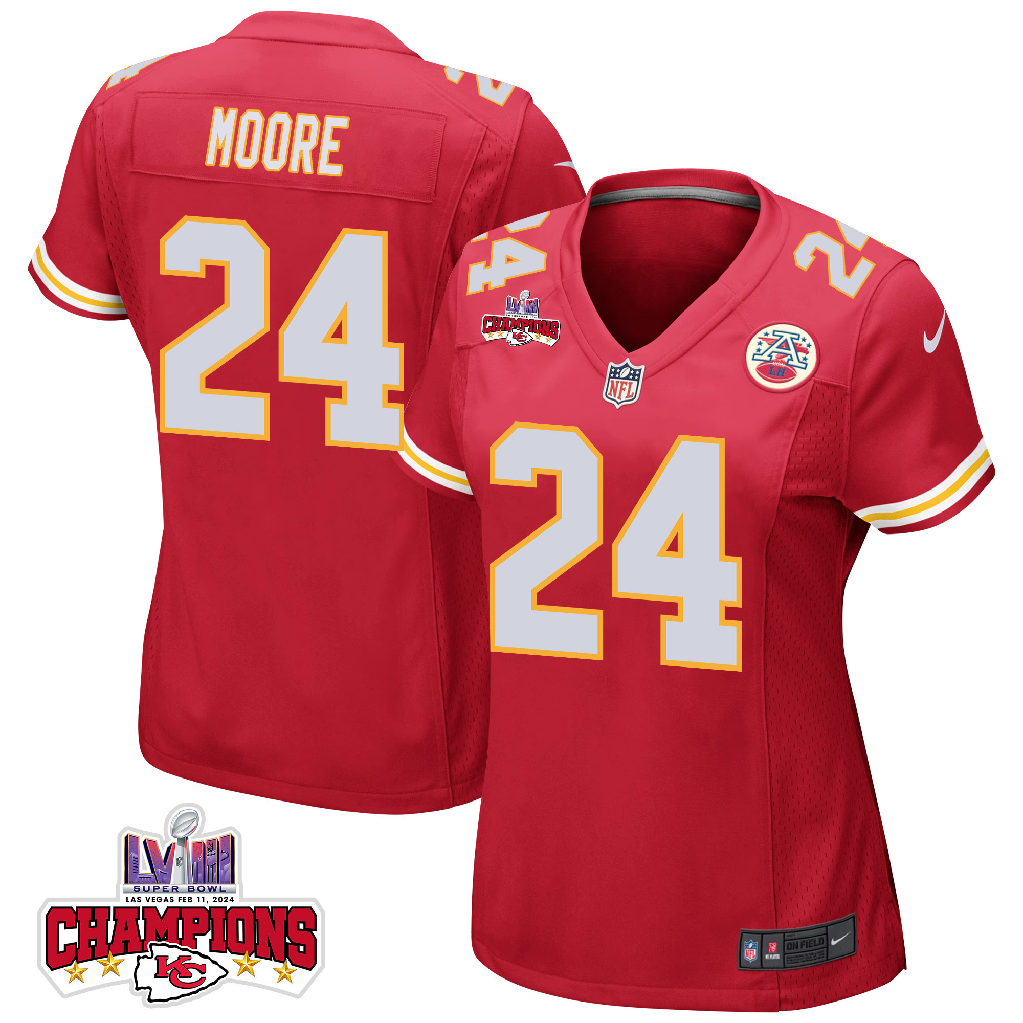 Skyy Moore 24 Kansas City Chiefs Super Bowl Lviii Champions 4 Stars Patch Game Women Jersey - Red Js7536