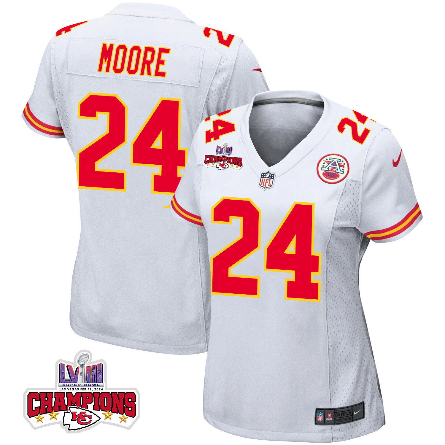 Skyy Moore 24 Kansas City Chiefs Super Bowl Lviii Champions 4 Stars Patch Game Women Jersey - White Js9632