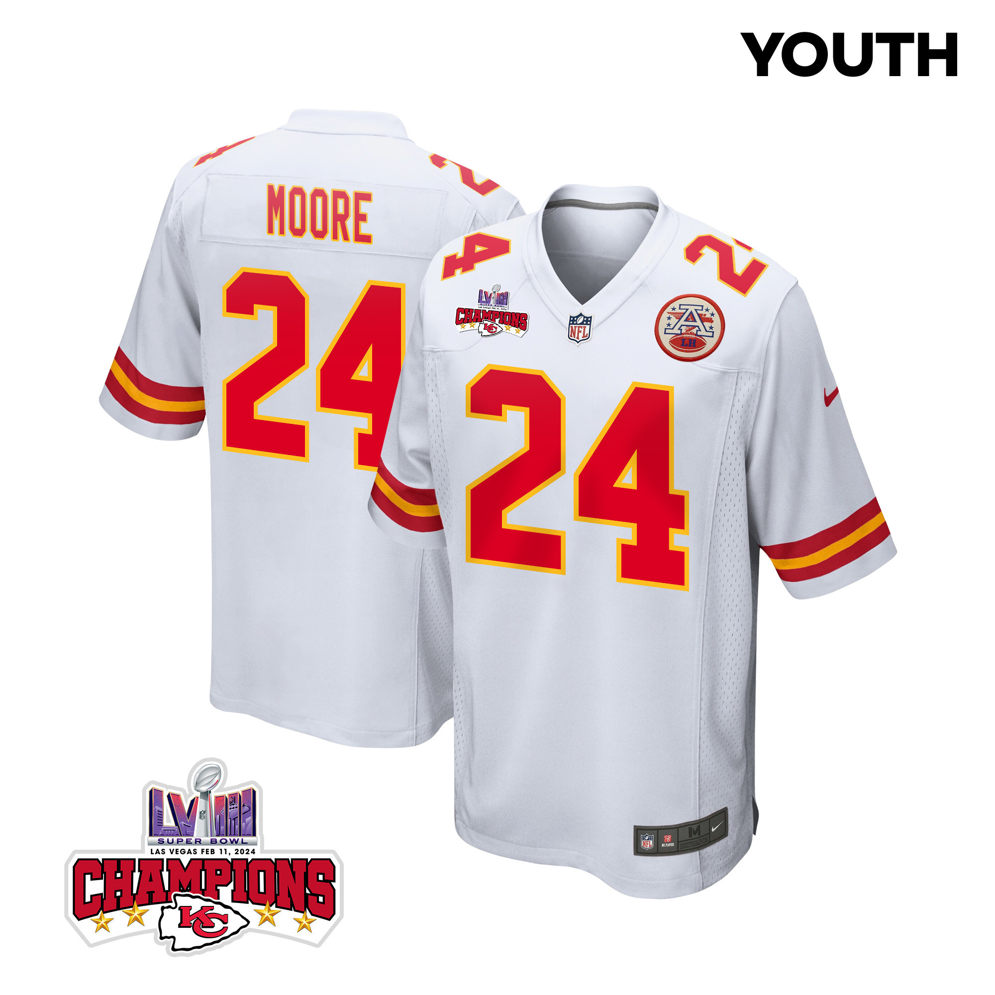 Skyy Moore 24 Kansas City Chiefs Super Bowl Lviii Champions 4 Stars Patch Game Youth Jersey - White Js6706