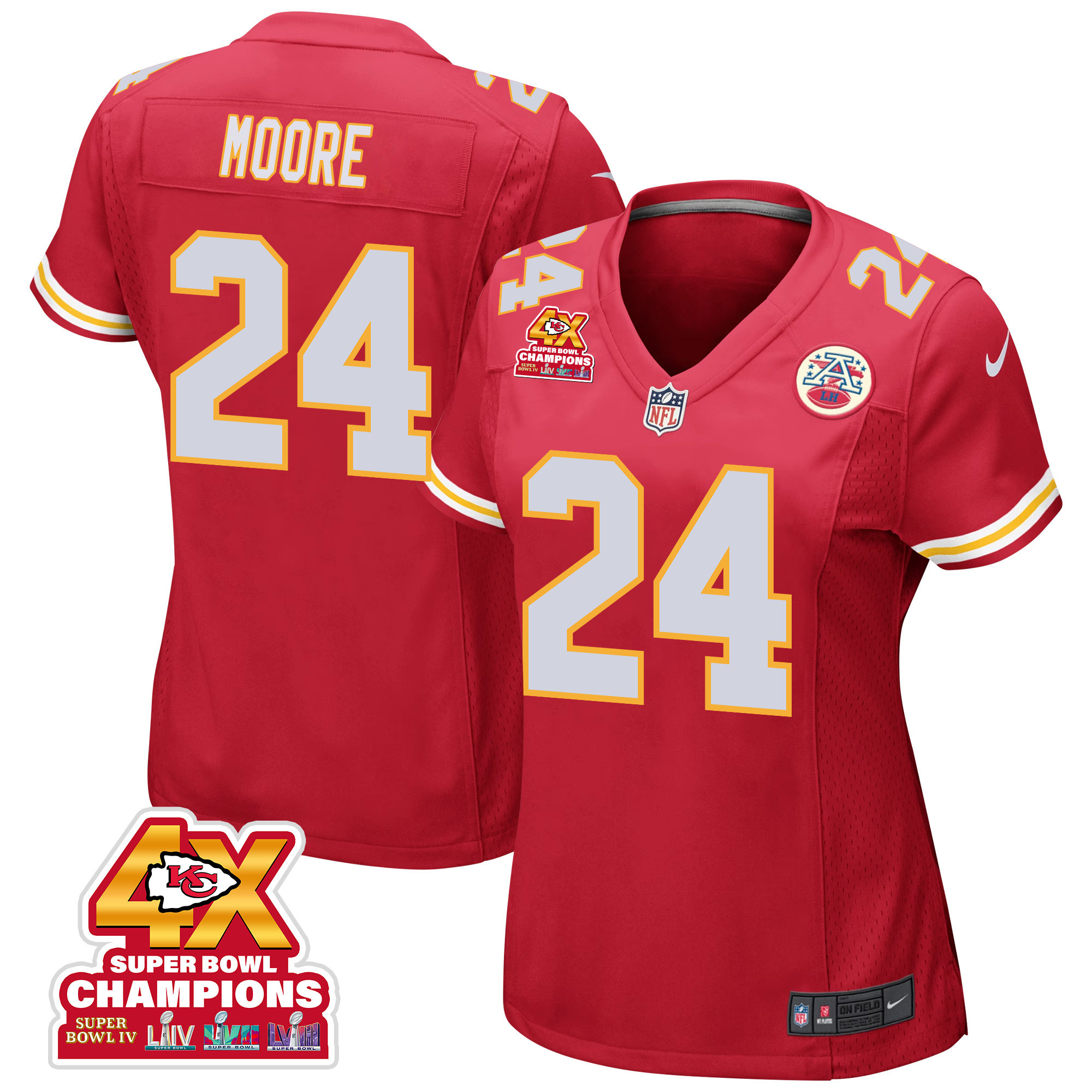 Skyy Moore 24 Kansas City Chiefs Super Bowl Lviii Champions 4x Game Women Jersey - Red Js3244