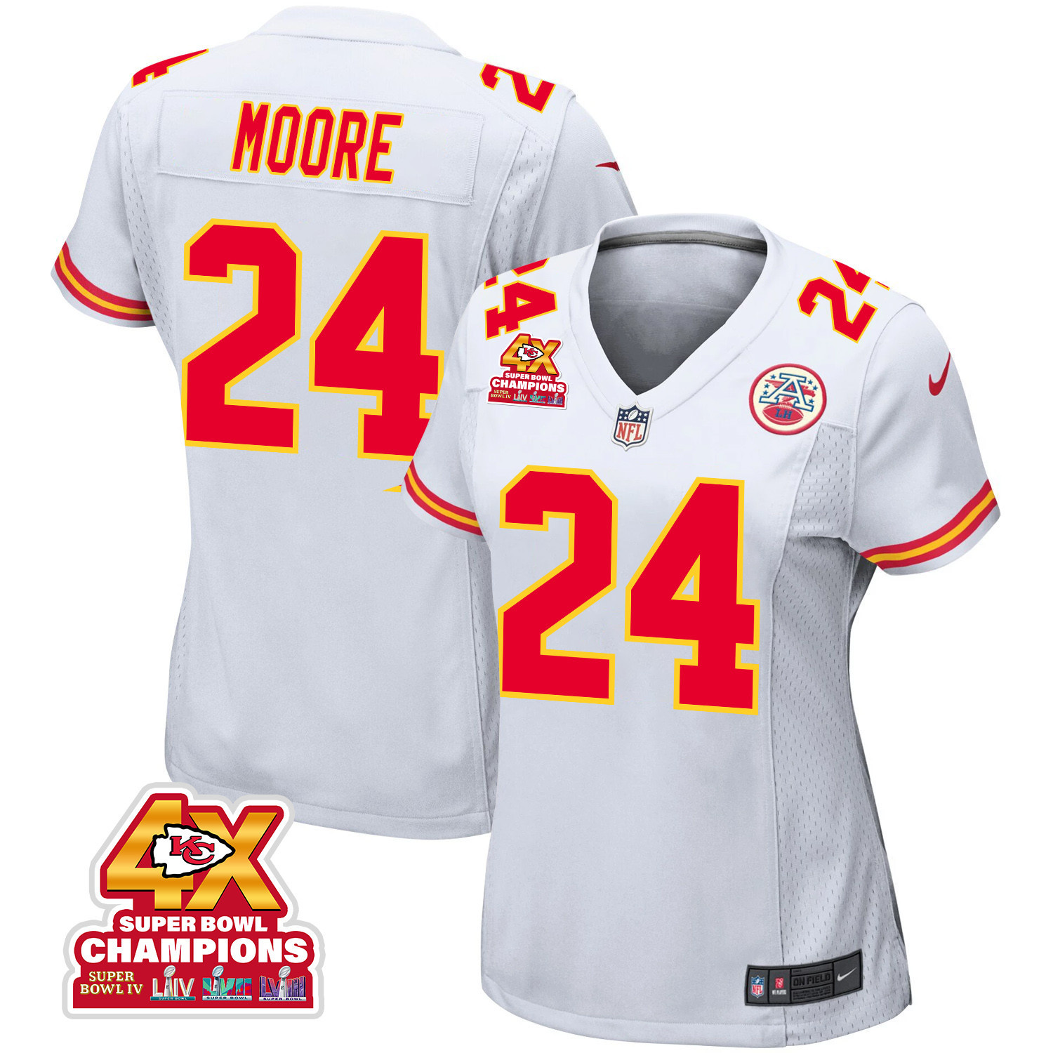 Skyy Moore 24 Kansas City Chiefs Super Bowl Lviii Champions 4x Game Women Jersey - White Js1189