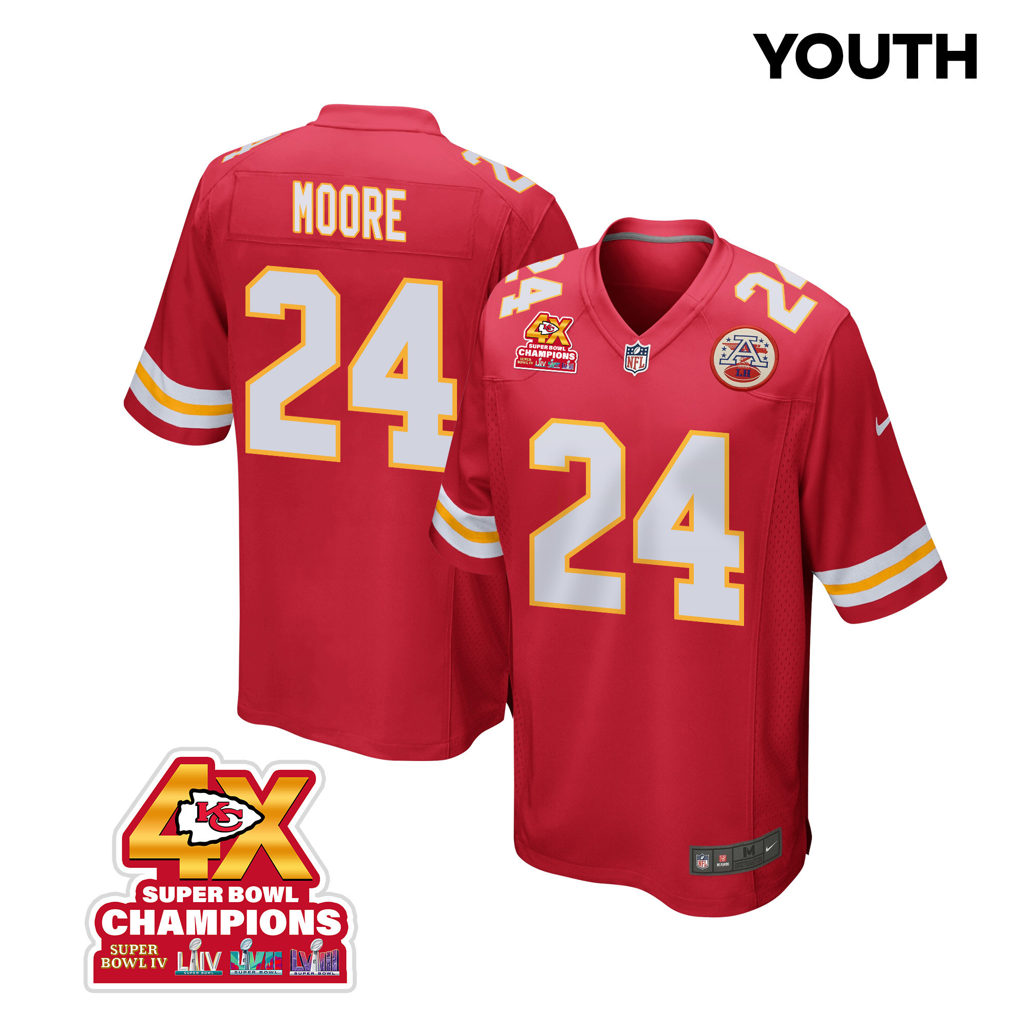 Skyy Moore 24 Kansas City Chiefs Super Bowl Lviii Champions 4x Game Youth Jersey - Red Js5990