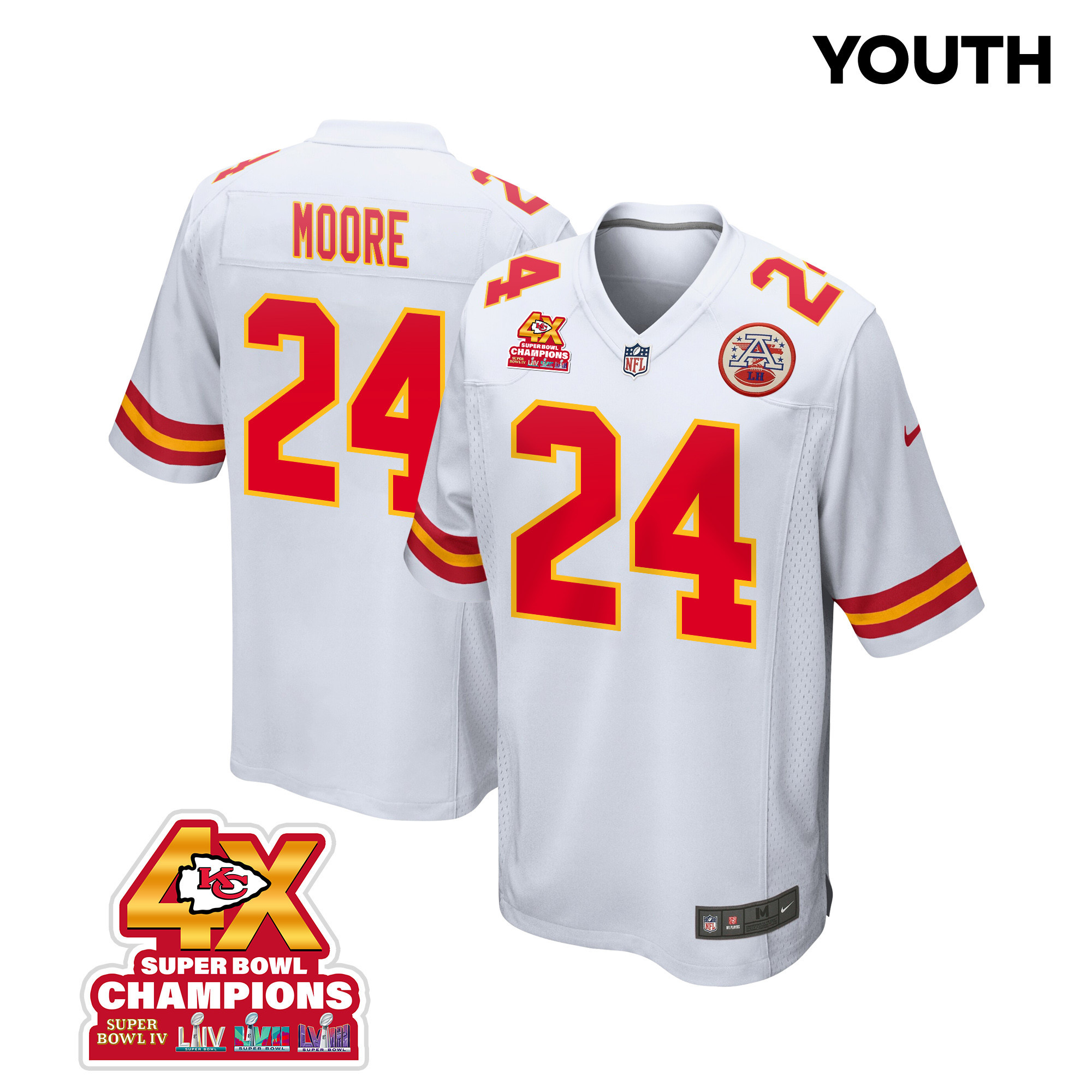 Skyy Moore 24 Kansas City Chiefs Super Bowl Lviii Champions 4x Game Youth Jersey - White Js9201