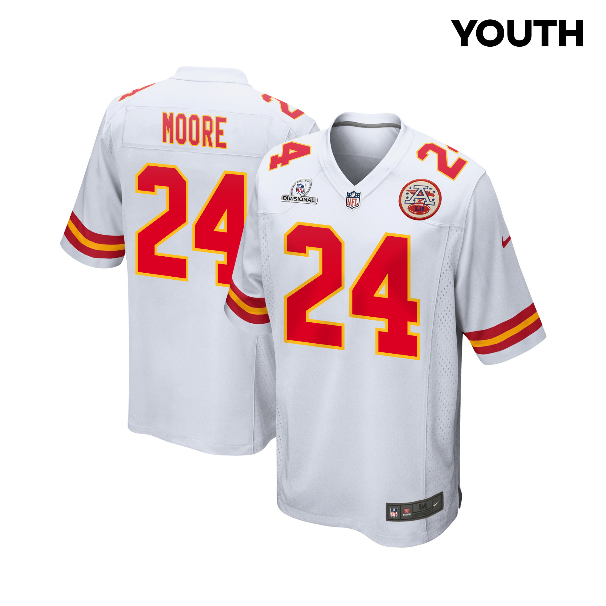 Skyy Moore 24 Kansas City Chiefs Super Bowl Lviii Patch Game Youth Jersey - White Js8181